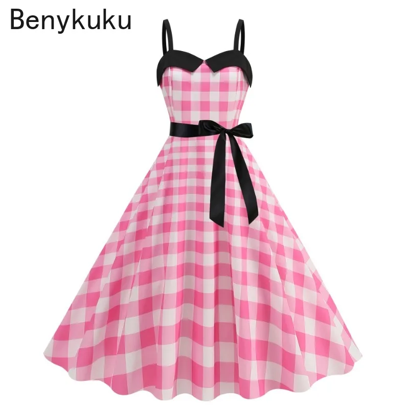 Donne Vintage Barbiee Pink Plaid Dress Retro Rockabilly Strap Bretelle Cocktail Party 1950S 40S Swing Abiti Estivi 2024 Robe