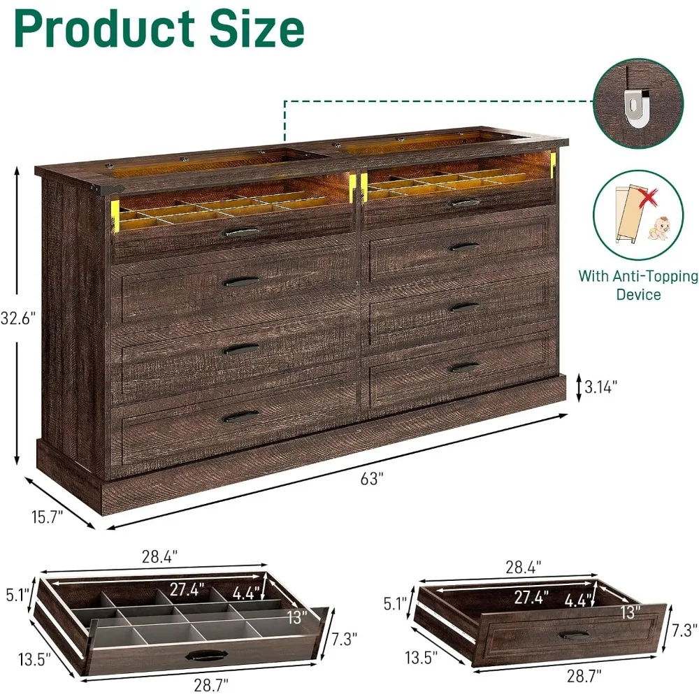 63" Farmhouse Closet Island with 8 Drawers&LED Lights, Brown Dresser w/Glass Top & Front Display Organizer, Wardrobe Armoire 2