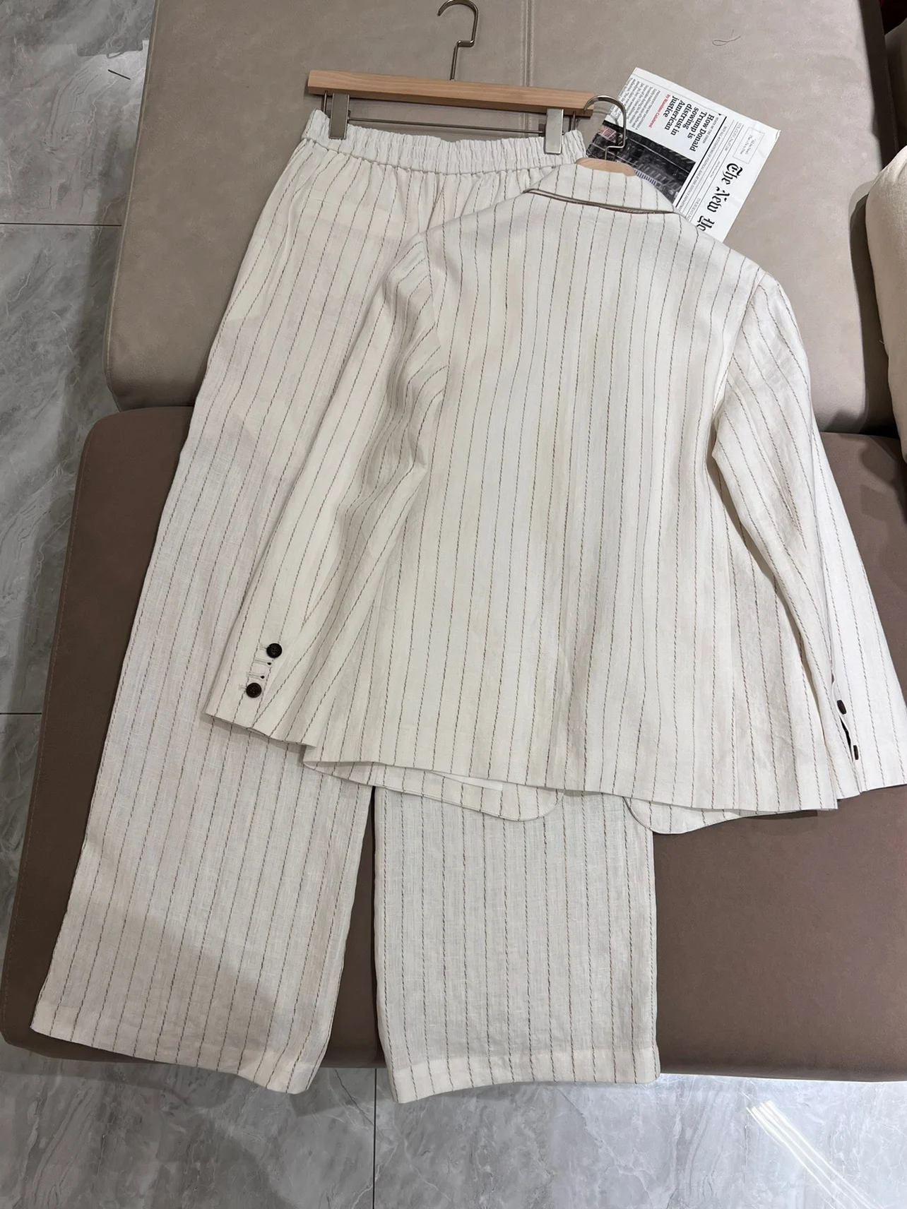 Spring 2024 Women\'s Suit Stripe Linen Blazer Jacket Pants Sets High Waist Wide Leg Trousers Female Clothing