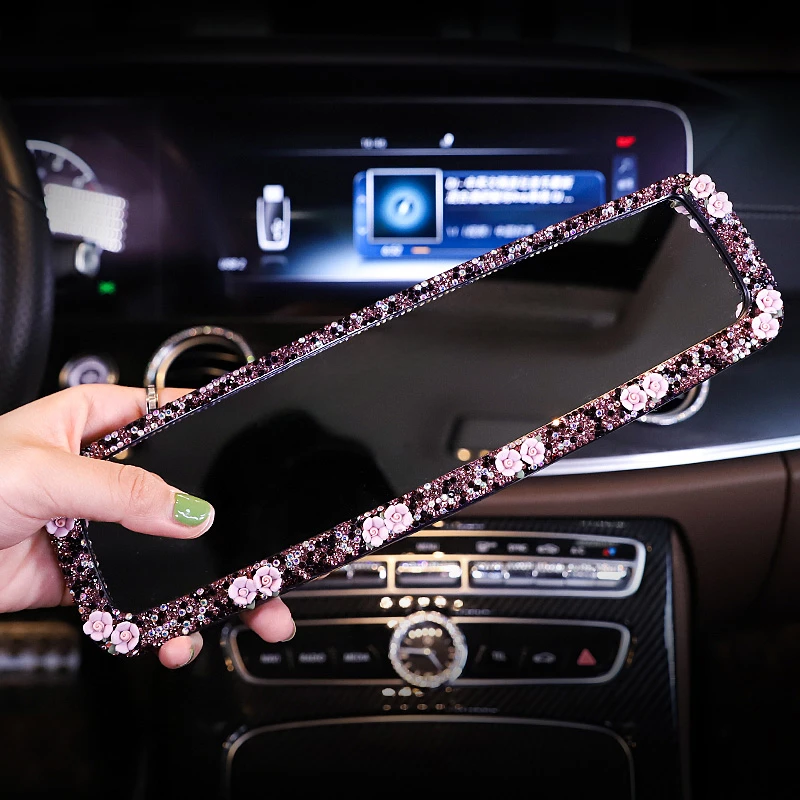 Flower Diamond Car Rearview Mirror Cover for Women Rhinestones Rear View Mirror Bling Car Accessories Interior for Girls