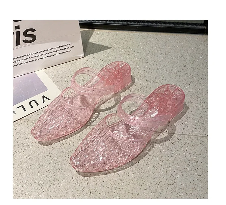 Women'S 2 In 1 Transparent Crystal Plastic Jelly Sandals Non Slip Glitter Pointed Toe Summer Casual Outdoor Beach Flat Slippers