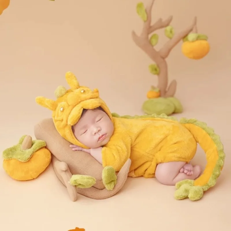 newborn-baby-photography-props-yellow-dragon-outfit-persimmons-tree-theme-set-photoshoot-studio-shooting-photo-props