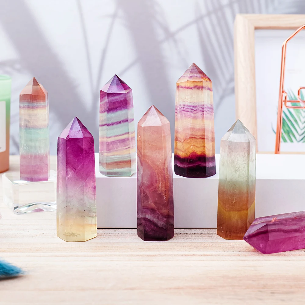 Natural Coloful Watermelon Fluorite Hexagonal Column Magic Point Crystal Tower Ornament for Home Decor Pyramid 3