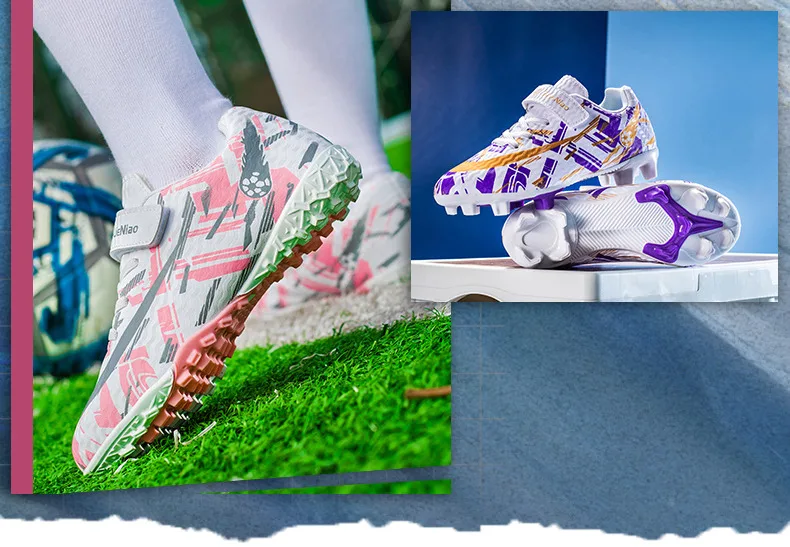 Description Picture 5 of itemHot Sale Cheap Pink Women Football Shoes Non-slip Outdoor Turf Soccer Shoes For Children Low Hook and Loop Kid Futsal Sneakers