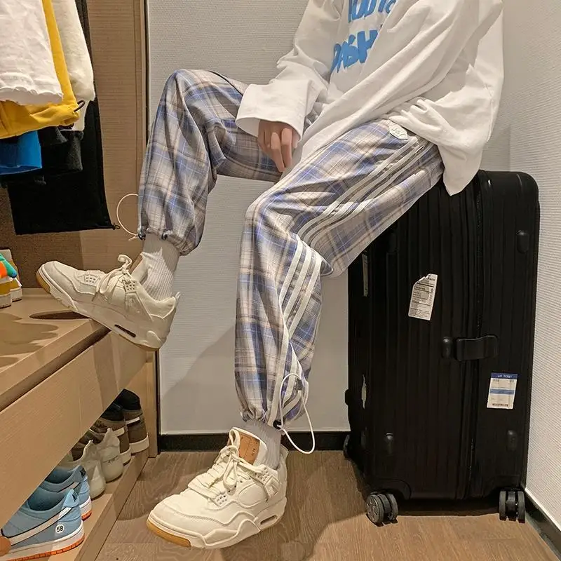 Vintage Casual Lattice Stripe Loose Personality Trousers New High Quality Hong Kong Style Youth All-match Summer Man Pants 2022