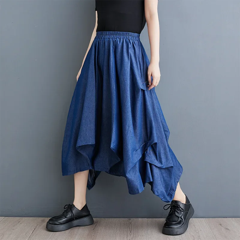Summer New Loose Wide Leg Jeans Skirt Women's Special Wide Asymmetrical Skirt Tencel Material Comfortable Fit Chinese Style Pant