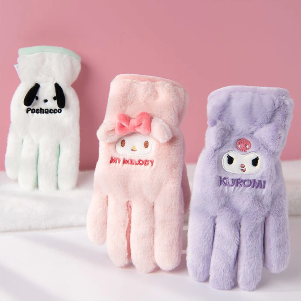 

Sanrio Plush Gloves Kawaii Kuromi Pachacco cute Winter Keep Warm Thickening Cotton Gloves Cartoon Melody Gloves for Children Kid