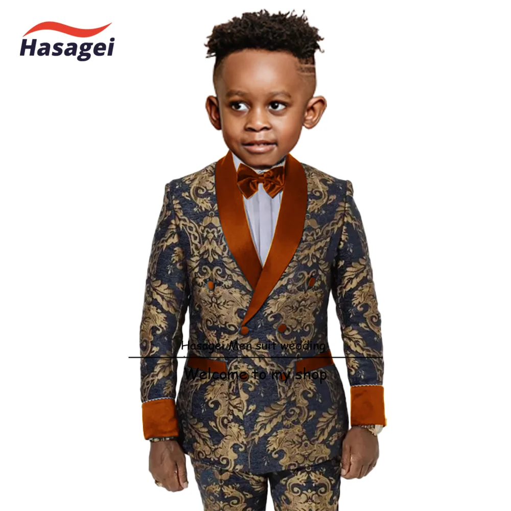 Gold pattern kids suit 2 piece double breasted blazer for boys wedding tuxedo jacket pants formal clothes 2-16 years old