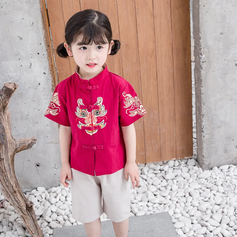 Summer Chinese Cotton Linen Tang Suit for Boy Girls Dragon Printing Short Sleeved Top Pant Set Baby Chinese New Year Clothes