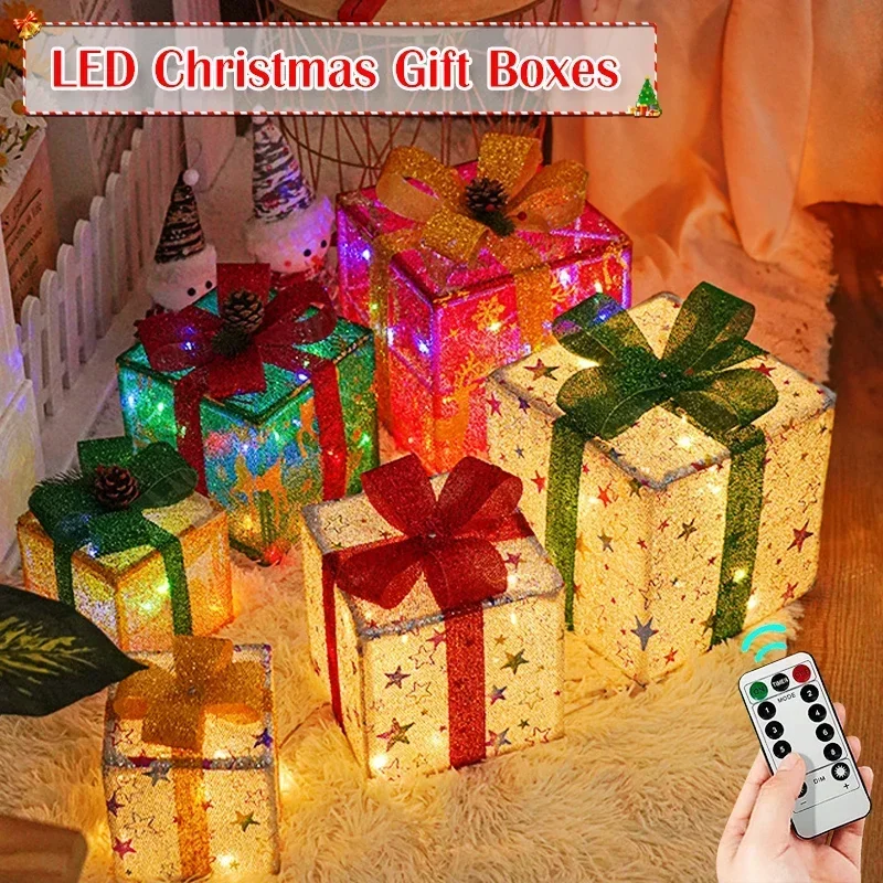 

Newest Christmas Gift Box Christmas Tree Decorations Colored Glowing Box LED Lighted Xmas Navidad Home Ornament Gift Box 2023