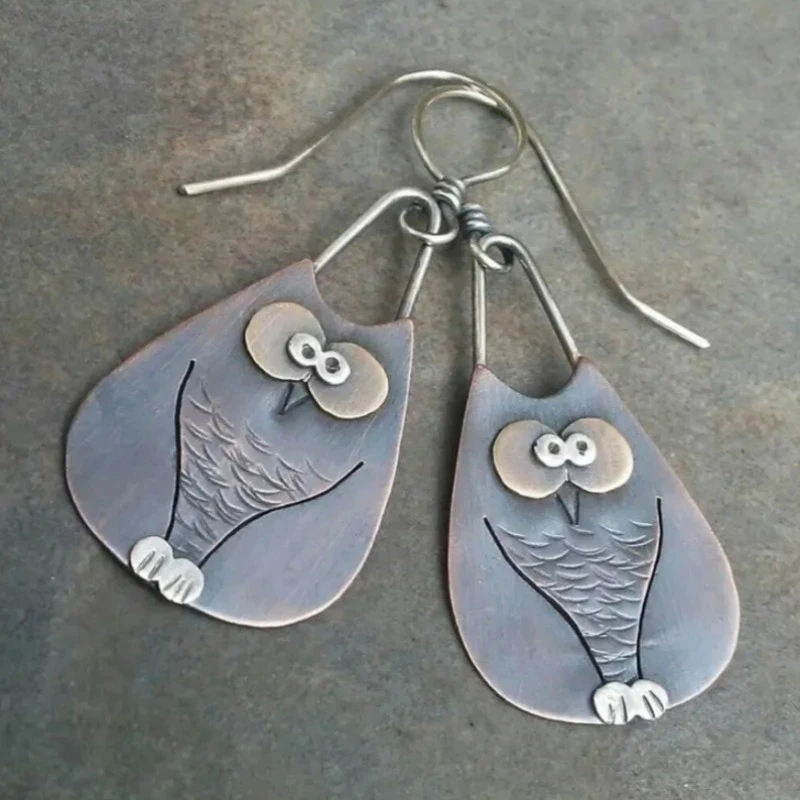Retro Nette Silber Farbe Metall Carving Eule Ohrringe Kreative Geometrie Party Baumeln Ohrringe für Frauen Schmuck