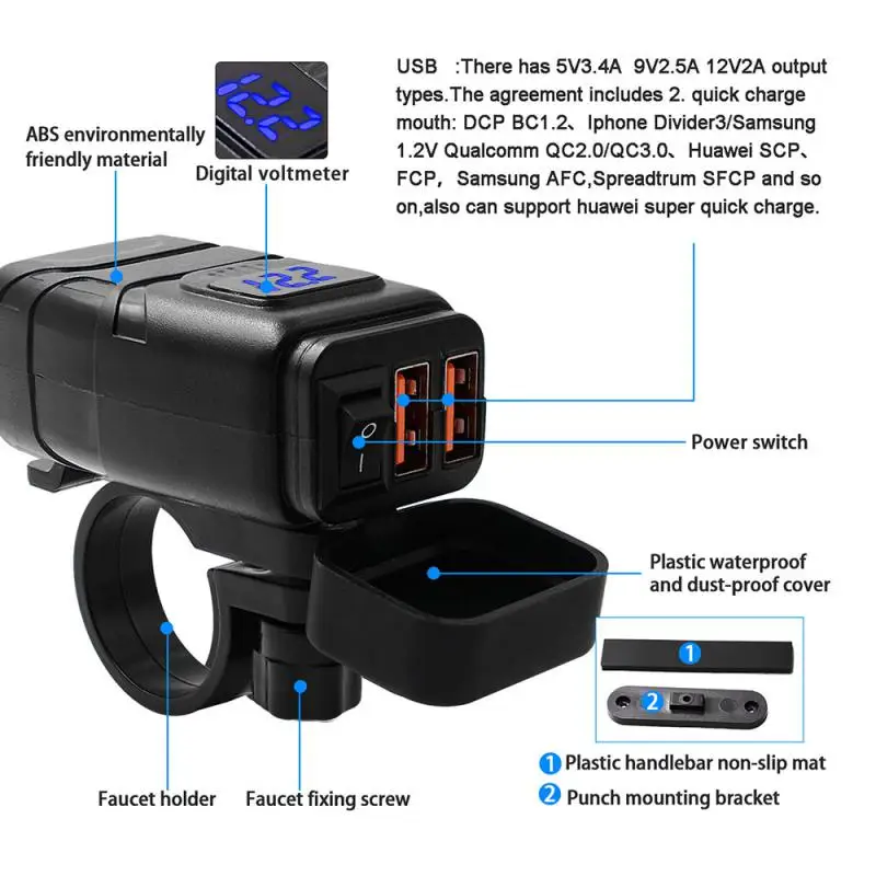 차량용 오토바이 고속 충전기 모토 액세서리, QC 3.0 듀얼 USB 충전기, 디지털 전압계 어댑터, 방수 방진
