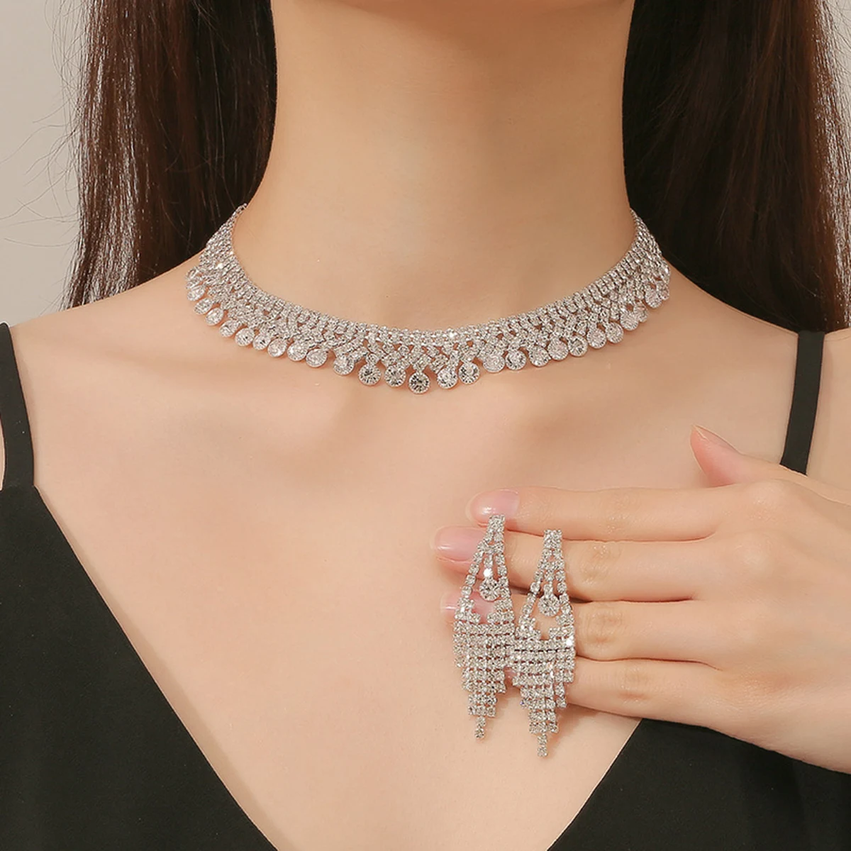 3 قطع مجموعة مجوهرات نسائية حجر الراين أقراط قلادة...