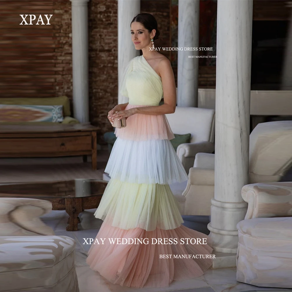 

XPAY Unique Design Arabic Women Mixed Color Tulle Evening Dresses One Shoulder Tiered Skirt Long Pron Gowns Formal Party Dress