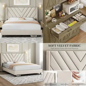 Yaheetech Queen Size Upholstered Platform Bed with Wing Sides, Wooden Slat Support, Tufted Headboard, and Mattress Foundation