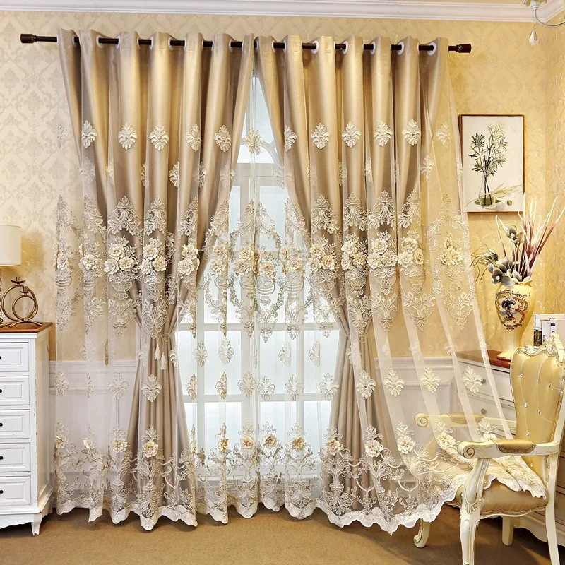 European Luxury Embroidery Curtains for Living Room Study Bedroom Double Layer Blackout  Yarn Tulle Window Villa Flower Custom