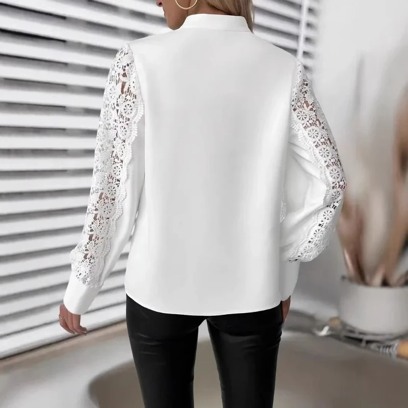 Fashion New Spring and Summer Women's V-neck Hollow Button-down Long-sleeved Shirt Elegant Solid Lace Blouse White Women Tops