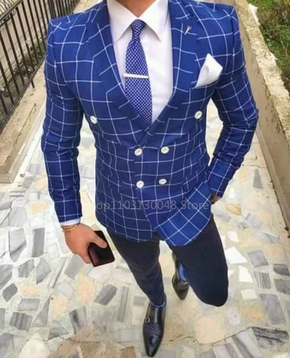 Men's Two Pieces Suit Double Breasted Peak Lapel Blazer Blue Plaid Wedding Daily Dinner Prom Business Tuxedos(Jacket+Pants)