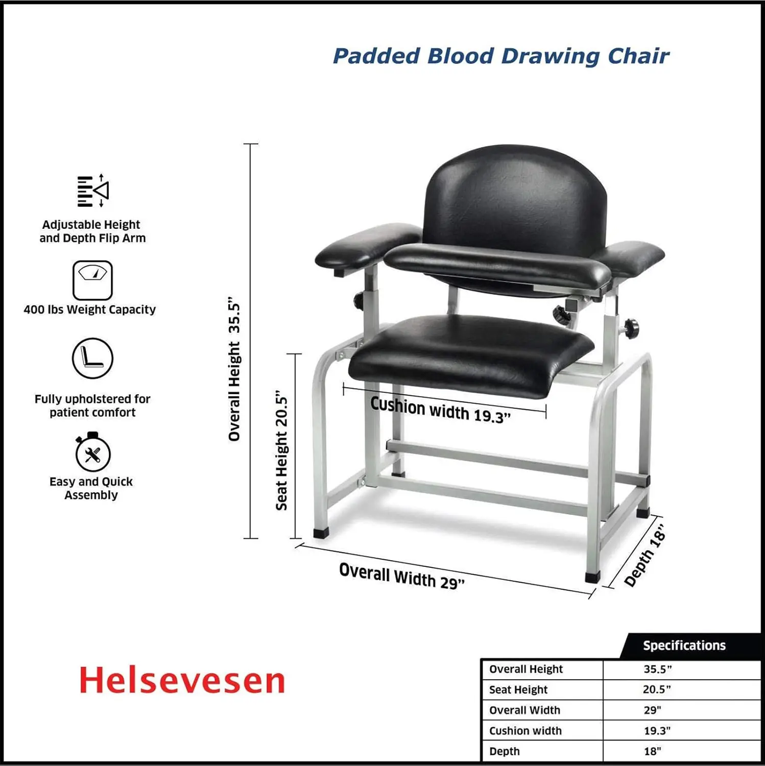 Blood Drawing Phlebotomy Chair, Comfortable Padded Lab Draw Chair with Adjustable Armrest (Black) 6