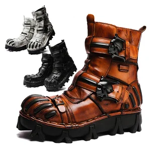 2023Men's Cow Genuine Leather Motorcycle Boots Military Combat Boots Platform Gothic Skull Mid-calf Boots Punk Fashion Boots50
