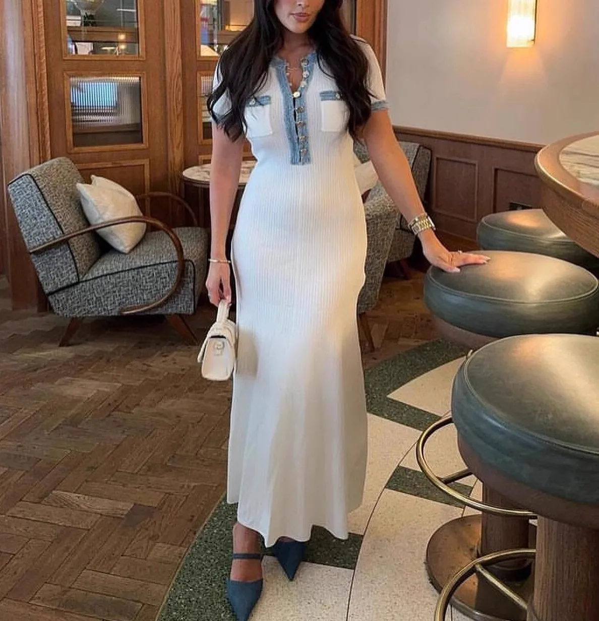 Denim Patchwork Floor length Dress Women's 2025 Spring Slim