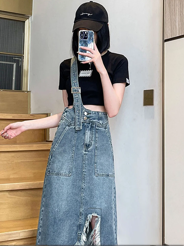 

Джинсовая юбка на подтяжках, Женская весенне-летняя свободная юбка миди с завышенной талией, новинка 2023 года