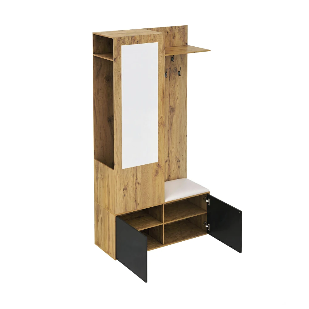 Das Kleiderschrank-Set enthält 5 Kleiderhaken, ein Spiegel, ein Schuhschrank, ein oberes Regal mit verstecktem Hängebereich und einer Kleiderschrankbank – Detail 12