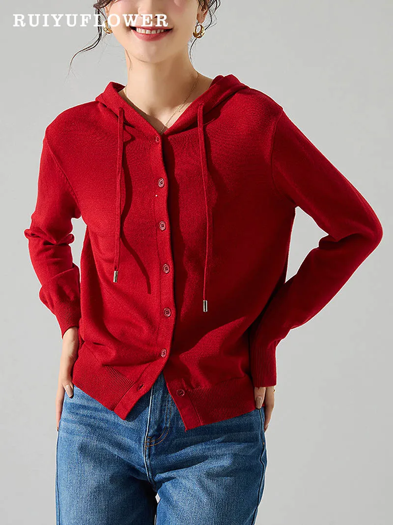 

Spring Autumn Korean Women Clothing Lady Loose Long Sleeved Hooded Knit Wear Cardigan Sweater Female Tops Solid Bottoming Shirts