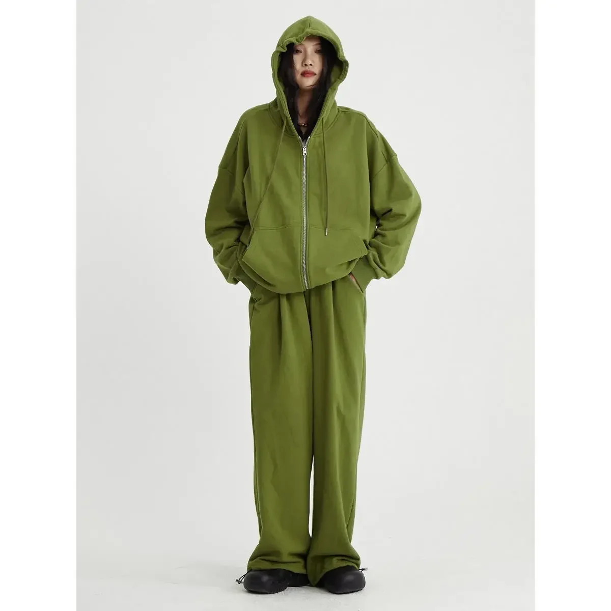 Women's Fall/winter Oversize Loose Lazy Style Hooded Sweater + Pant 2-piece Suit Green Casual Sportswear Streetwear Home Wear