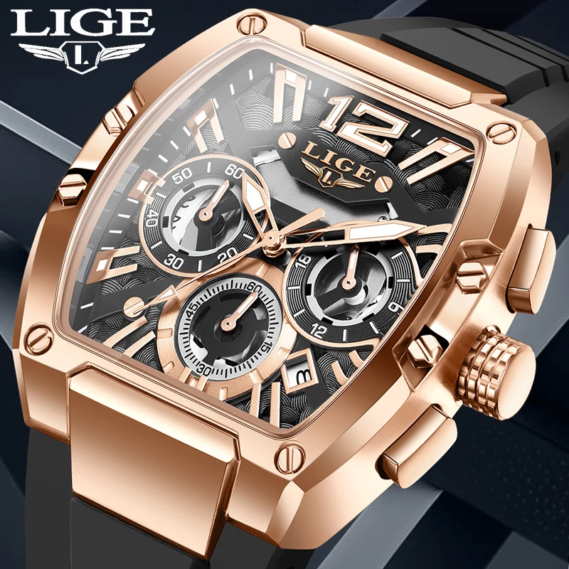 LIGE New Luxury Black Silicone Watch Men Square Big Dial Chronograph Wrist Watches For men Waterproof Military Quartz Men Watch