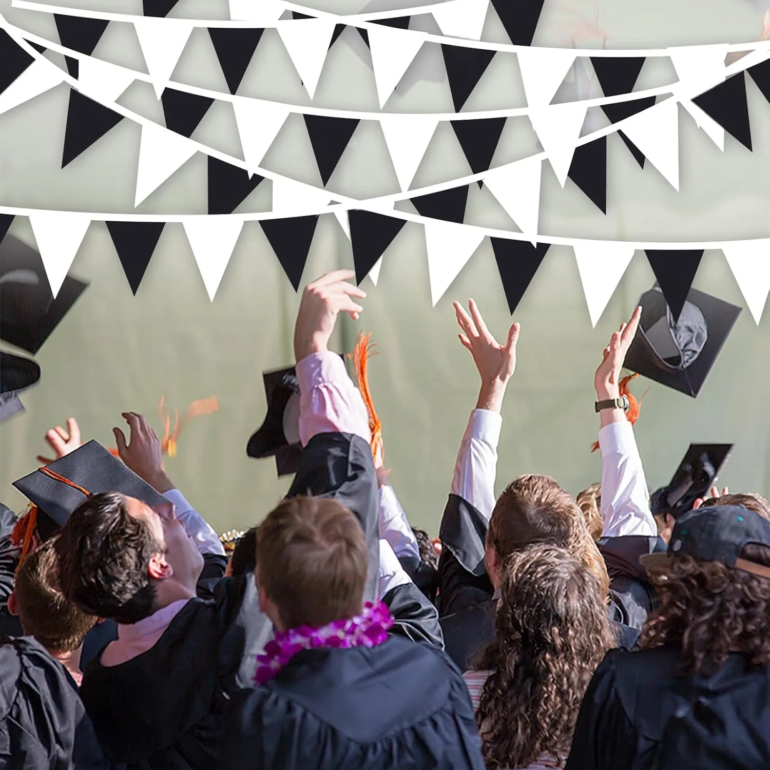 Black White Pennant Banner Flags String Fabric Triangle Bunting Flag,Party Decorations for Wedding, Birthday,Home Outdoor Garden