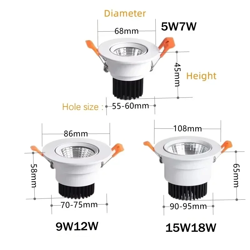 눈부심 방지 Led 다운라이트 디밍이 가능한 AC220V 110V 매입형 Led 천장 조명 알루미늄 COB 천장 조명 스팟 램프