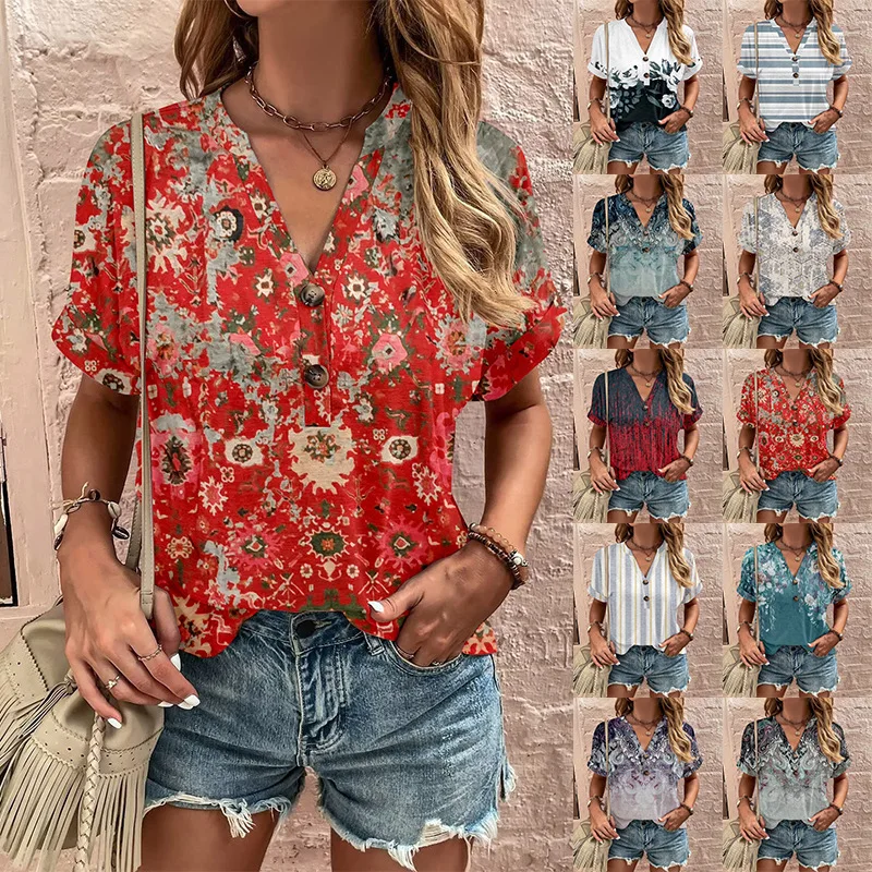 

2023 Summer Women Printed T-Shirt V-Neck Button Panel Short-Sleeved Shirt Loose Street Casual T-Shirt Shirt
