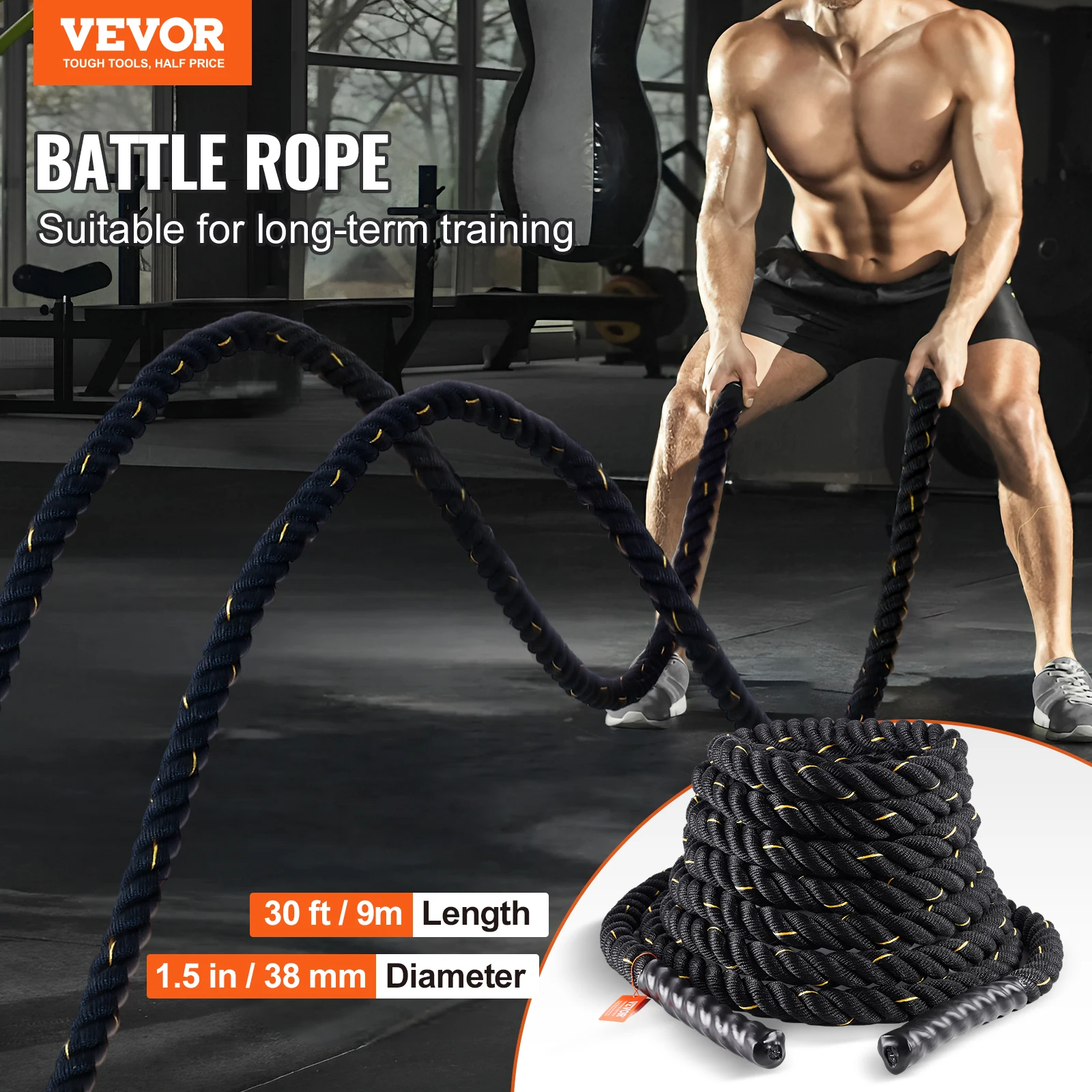VEVOR Battle Rope 1.5 Inch Diameter 30Ft Length for Home Gym Body Workout Core Strength Training Muscle Building Fitness 2