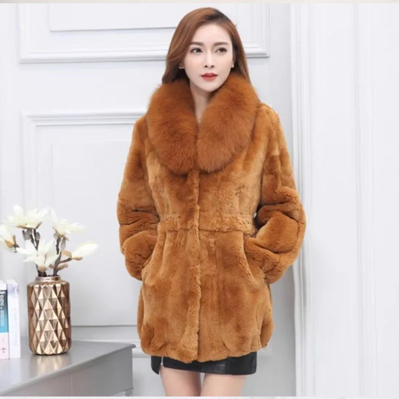 Winter Warm Real Rex Rabbit Fur Coat With Fox Fur Collar Women Casual Plus Size Yellow Thick Genuine Fur Jacket Fashion Outwear