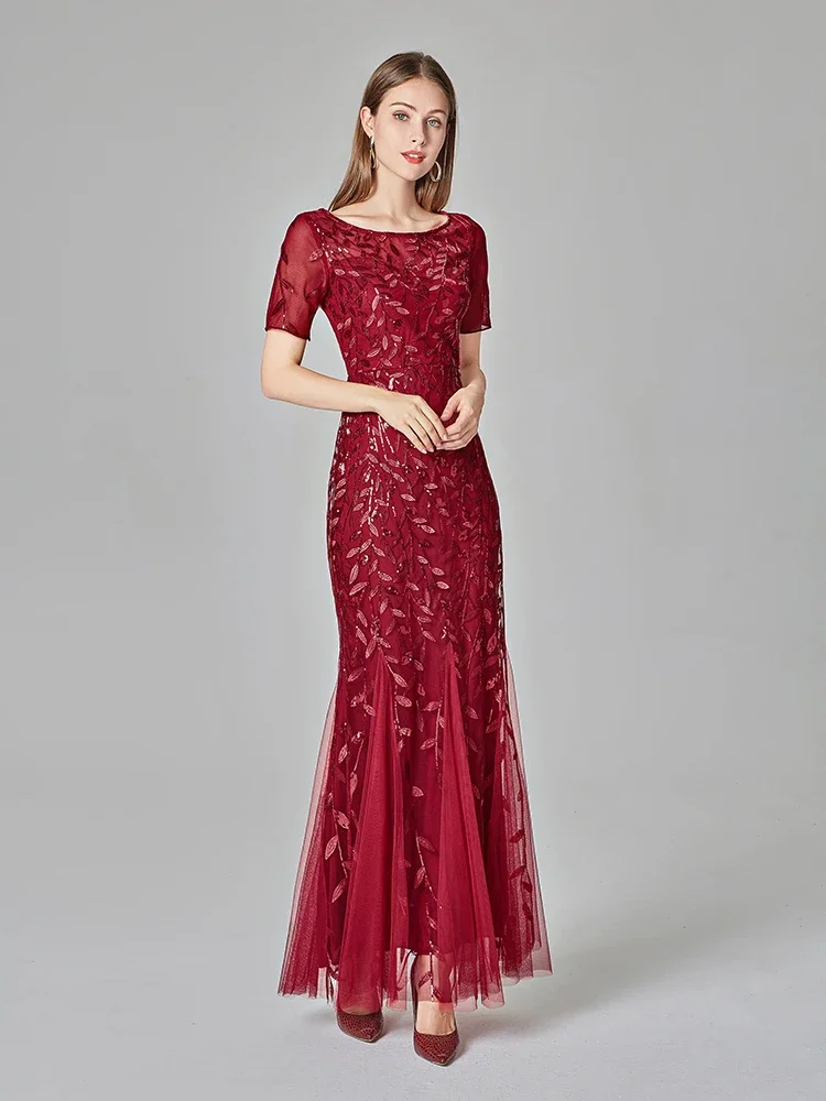 

Plus Size Women's Evening Dress Mermaid O Neck Short Sleeve Lace Appliqué Tulle Long Party Dress Evening Dress Robe De Soiree