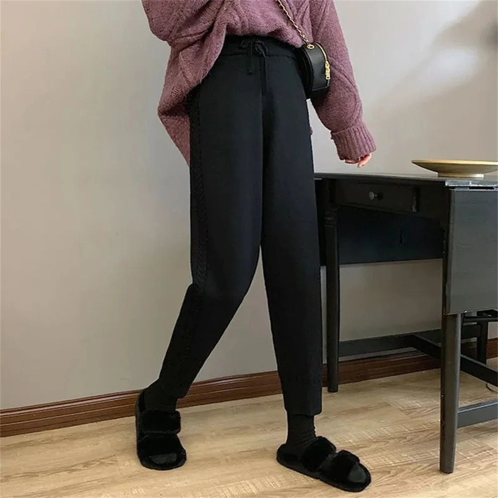 

Осенне-зимние свободные вязаные брюки с завязками, Женские однотонные плотные теплые шаровары, модные уличные брюки с высокой талией