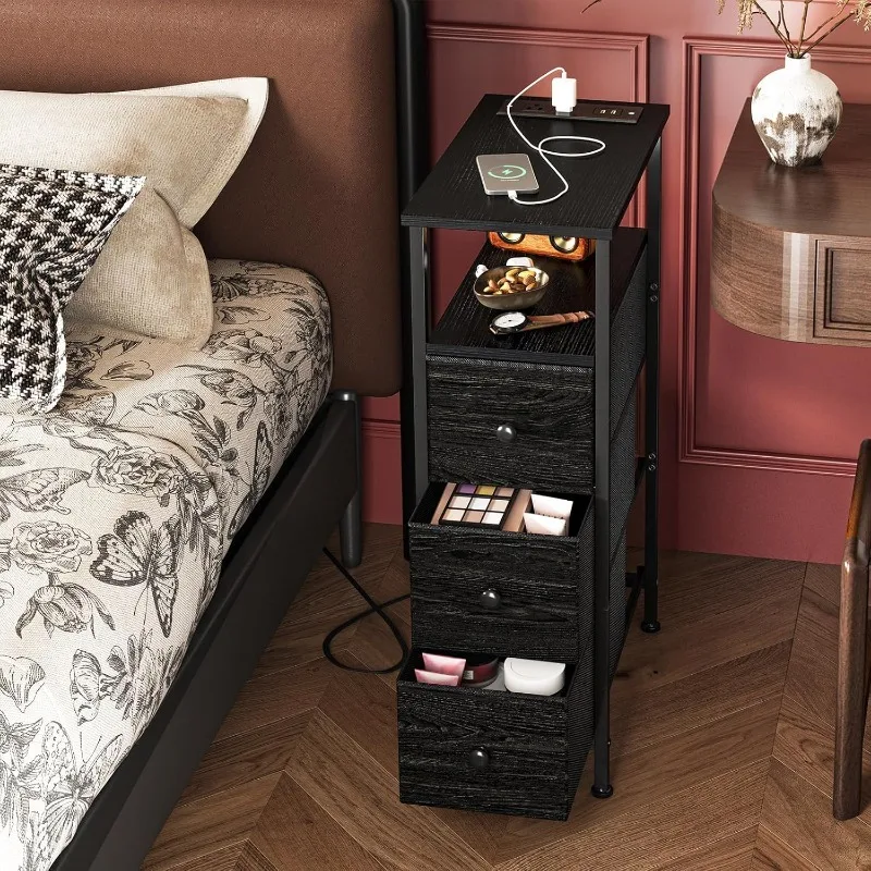 Narrow Side Table with Charging Station, Small Nightstand with 3 Fabric Drawers, Skinny Bedside Table, Slim End Table for 3