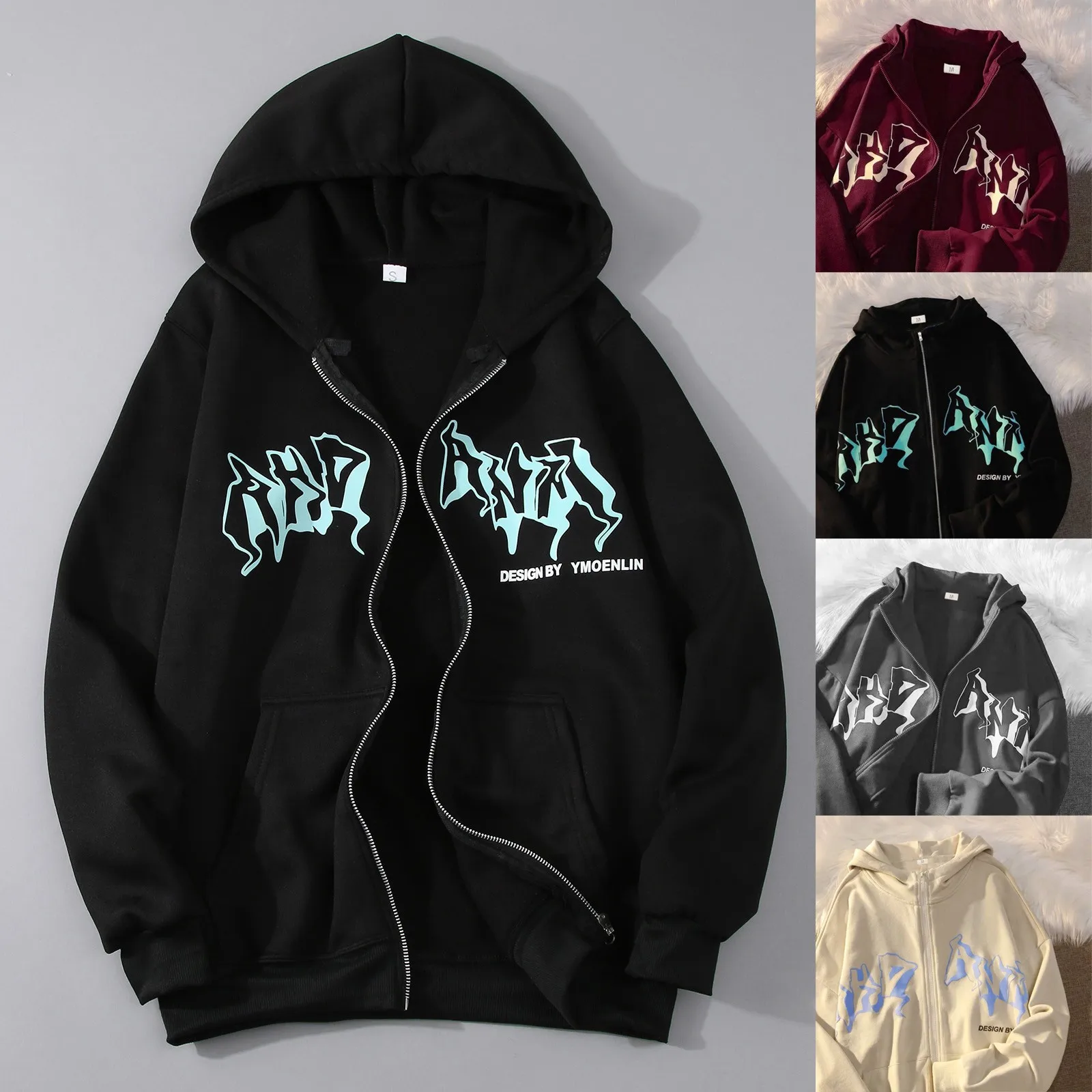 Men'S Sweatshirts Hoodies Zip Up Jacket Zip Up Hoodies Hip Hop Sweatshirt Vintage Goth Print Hooded Jacket Sudaredaras Hombre