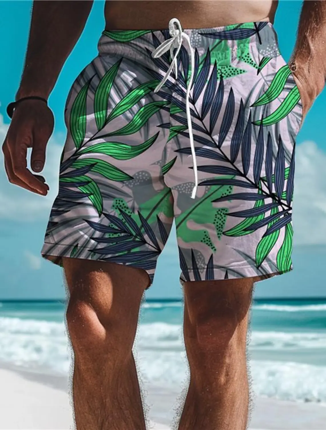 Leaf Tropical Men's Board Shorts Hawaiian Short 3D Printed Swim Trunks Elastic Drawstring Breathable Stretch Aloha Style 4