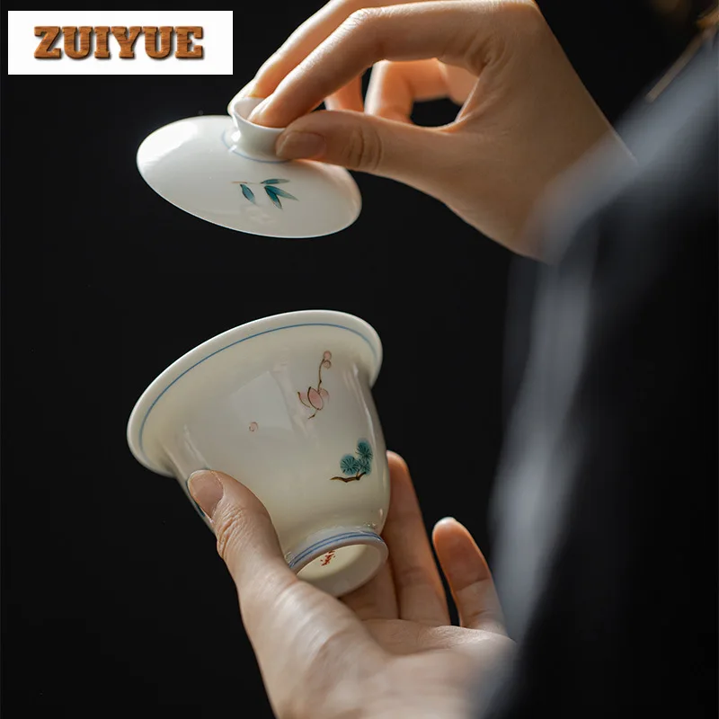 100ml Hand-painted High Footed Gaiwan Handmade Thin Bodied Jade Clay Ceramic Tea Tureen Tea Making Cover Bowl For Supplies