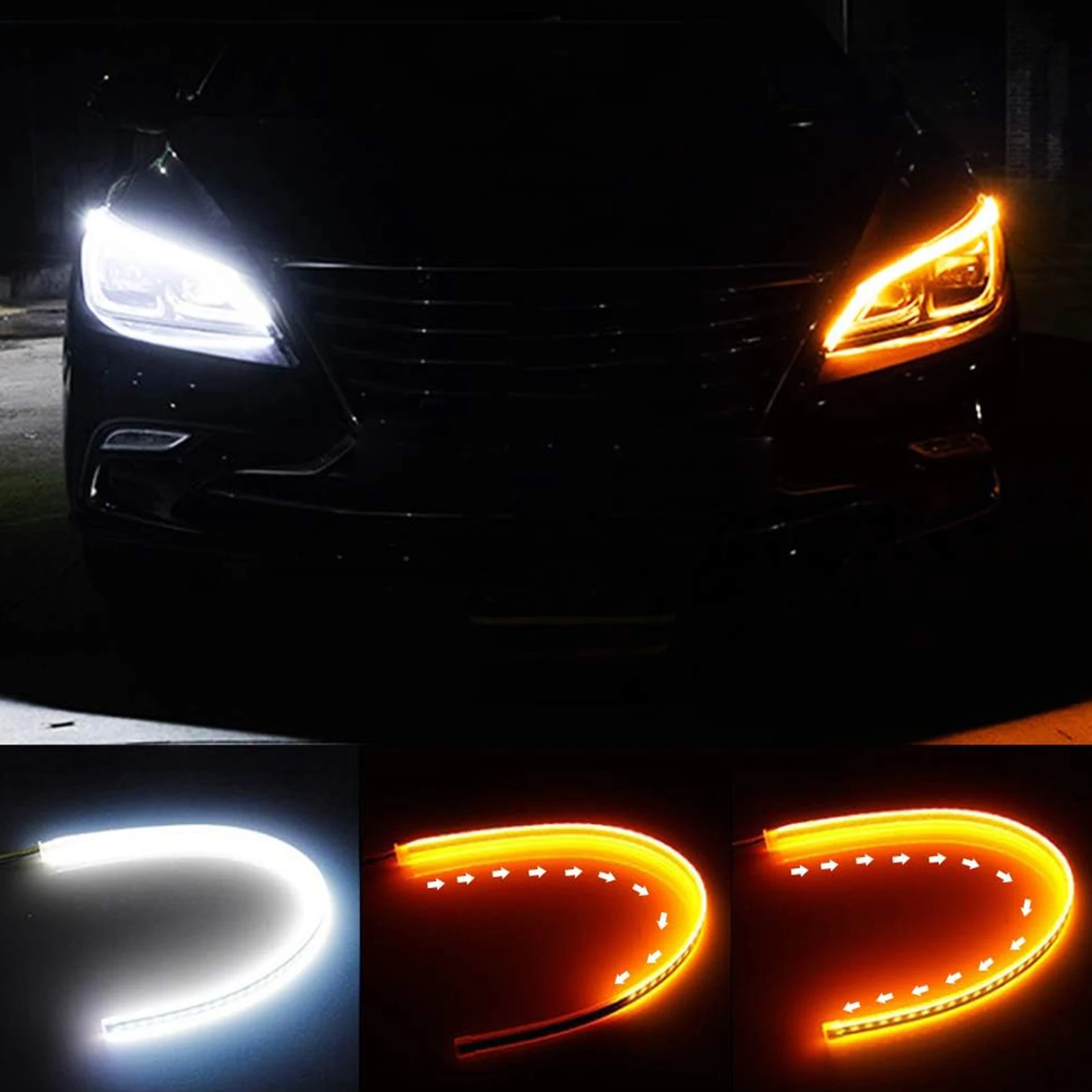 Tira de luces LED de circulación diurna para coche, 2 piezas, 45cm,  interruptor secuencial, DRL, faro Flexible, luces de señal de giro, blanco  y amarillo - AliExpress