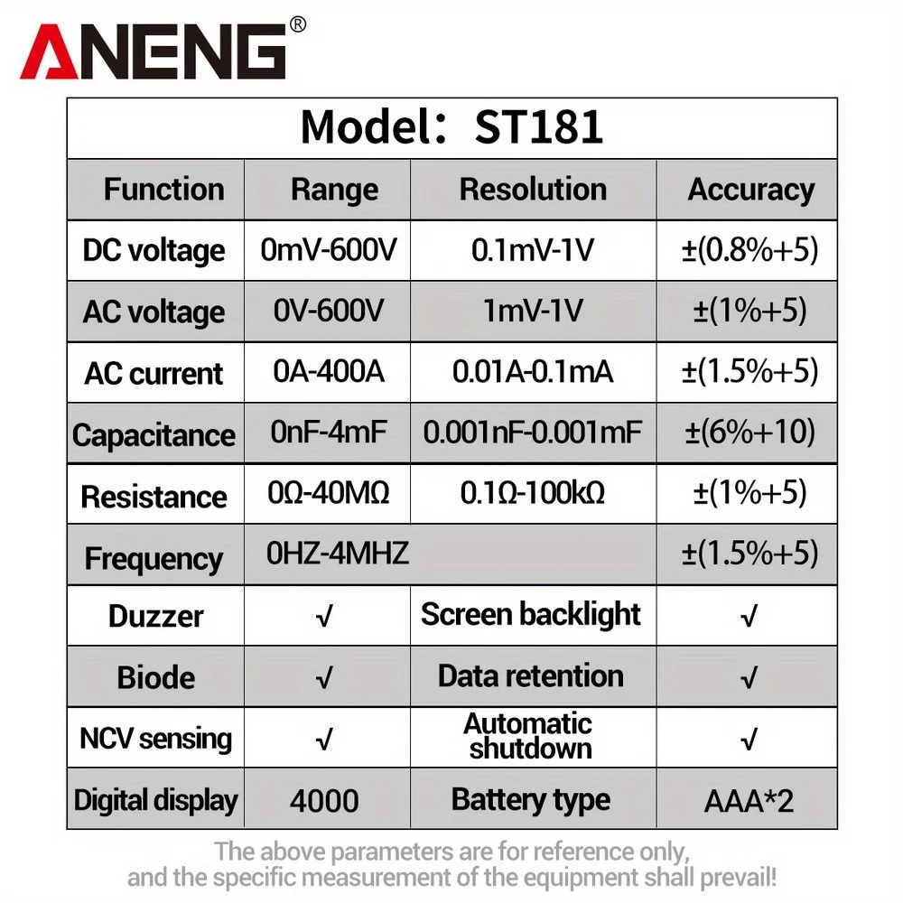 ANENG digital multimeter Professional ST181 AC Current Voltage Continuity Tester Clamp Meter Ammeter NCV Ohm Test tools