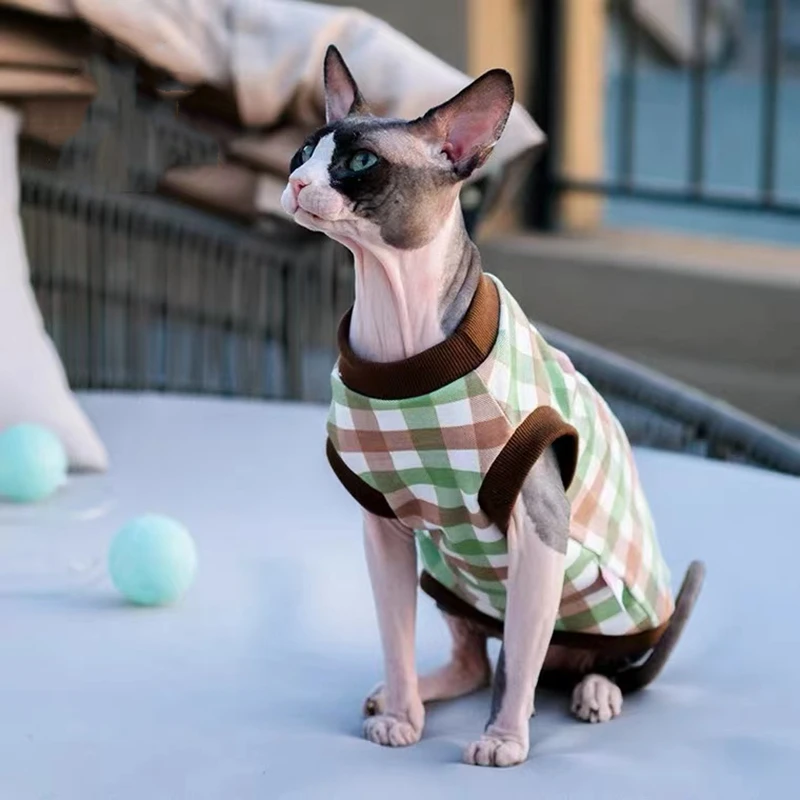 SphynxCatVestClothesSoftHoodiesForSphinxPetPlaidSweatShirt