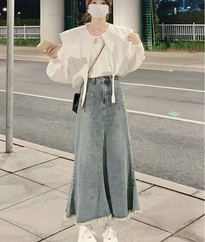 Fashion Women's Suit 2023 Spring and Autumn New Korean Version Ruffle Design Big Lapel Shirt Antique Denim Skirt Two-piece Suit