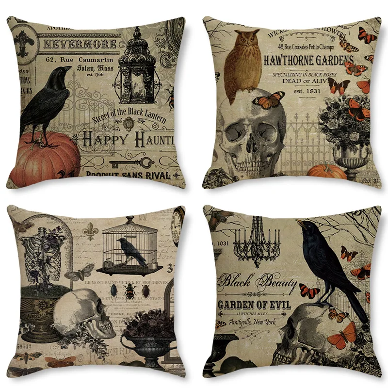 

45x45cm Halloween Linen Pillowcase Pumpkin Skull Crow Sofa Cushion Cover Ghost Festival Party Decorations Halloween Pillow Case