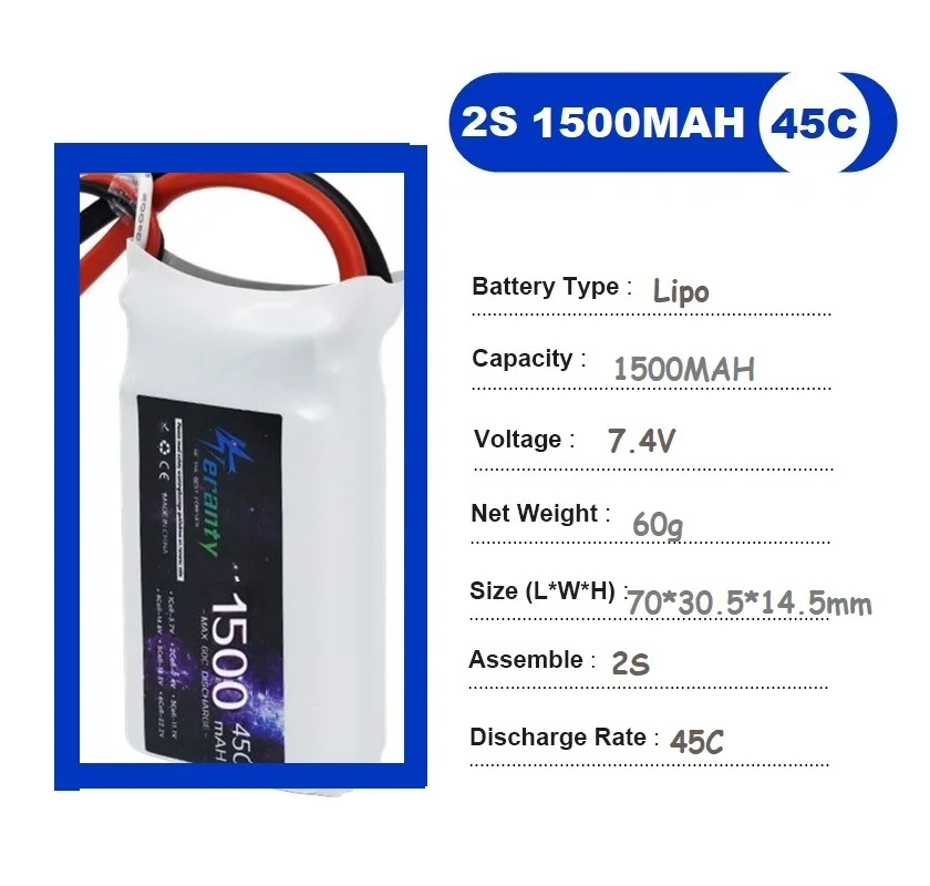 Vue rapprochée de la batterie LiPo 2S 7.4V 1500mAh 45C avec étiquette et connecteur XT60 pour voiture RC