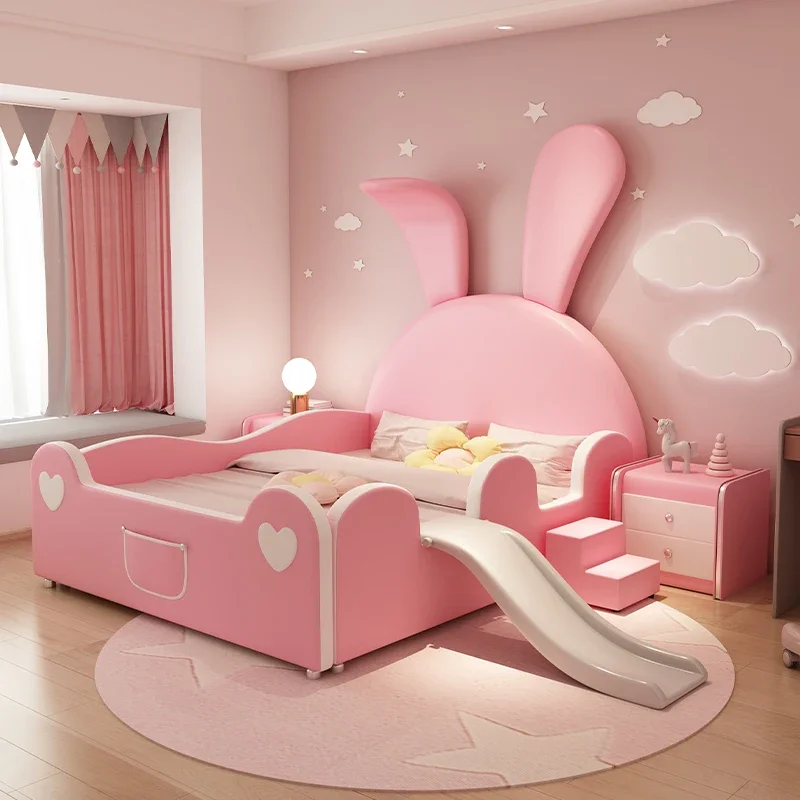Children's bed girl princess bed 1m 5 solid wood single pink big ear rabbit cartoon leather with slide guardrail