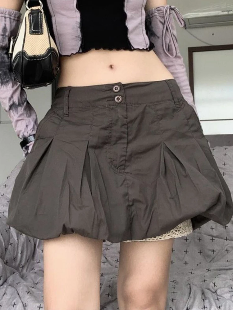 

HOUZHOU Vintage Pleated Mini Skirt Women Summer Streetwear Kawaii Tutu Skirt Y2k Gray Lace Patchwork Harajuku Korean Fashion