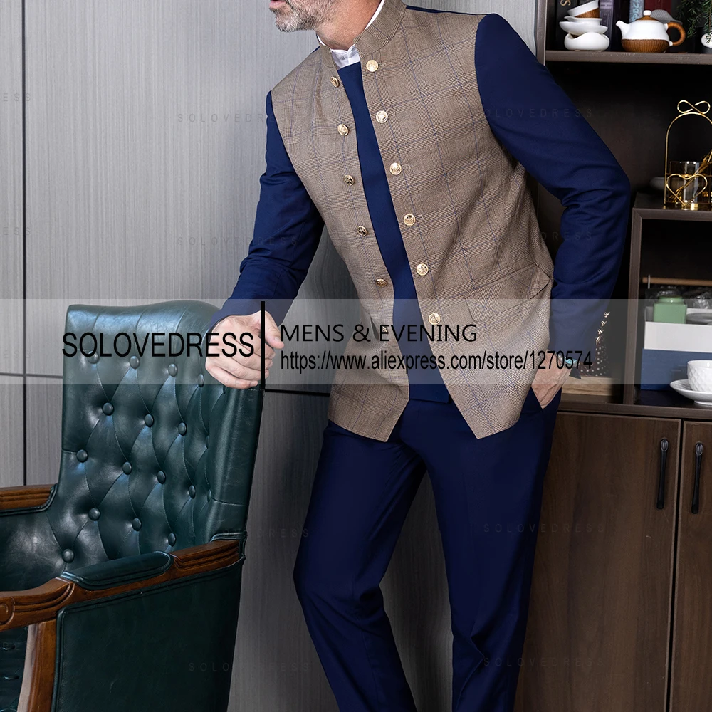 2 Pieces Splicing Plaid Can Be Two Types of Buttons Slim Fit Business Men's Suits With 2 Pockets（Blazer+Pants ）